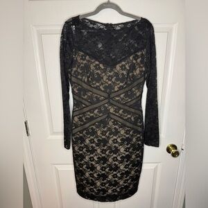 Lauren Ralph Lauren Black Lace with Cream Lining Long Sleeve Dress Size 8 GUC